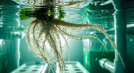 Submerged Hydroponic Plant Root Structure with Water Bubbles and Surrounding Elements