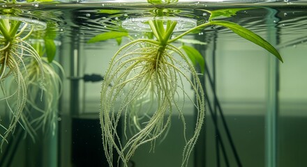 Submerged Plant Roots: Aquatic Ecosystem Illustration Showcasing Underwater Flora Beauty and Details
