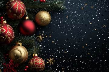 Naklejka premium Generative AI Christmas background with festive wreath, pine branches, baubles, cones and space for holiday greeting or text