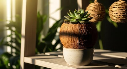 Succulent Arrangement In Coconut Shell Offers Serene Sunlight Ambiance On Wooden Shelf