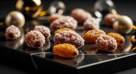 Sugared Almonds and Holiday Ornaments on a Dark Board for Promotional Content
