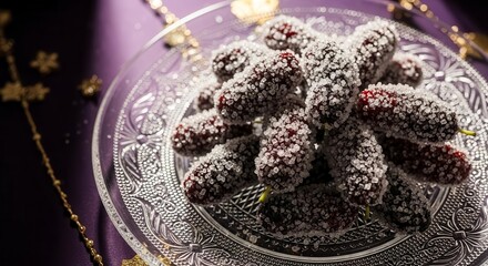 Sugared Berries Displayed On An Ornate Glass Plate, Capturing A Delicious Visual