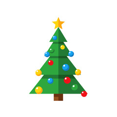 Decorated Christmas tree with star and colorful ornaments, flat style
