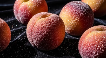 Sugared Peaches Displayed On A Dark Surface with Soft Natural Lighting Present