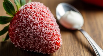 Sugared Strawberry And Spoon With Cream Resting On Wood Surface Close Up View