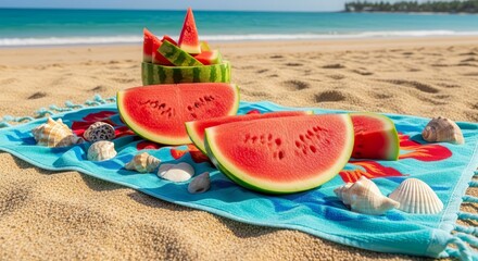 Summer Beach Picnic Featuring Watermelon Slices, Seashells, And Sandy Shores Scene