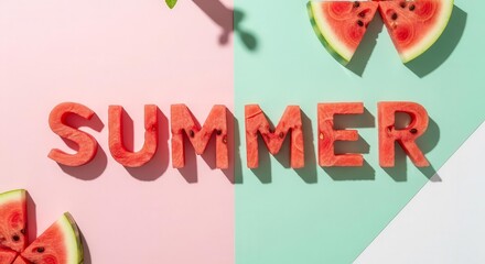 Summer Bliss: Creative Watermelon Text Displayed On A Dual-Color Pastel Background