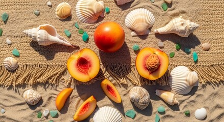 Summer Beach Still Life Featuring Peaches and Diverse Seashell Arrangements