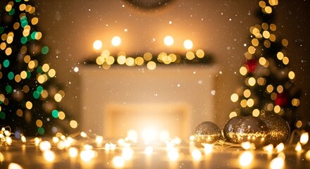 Elegant Christmas Background with Golden Lights and Snow Bokeh