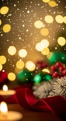 Elegant Christmas Background with Golden Lights and Snow Bokeh