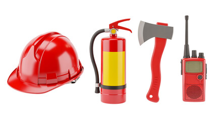 A product photography layout of red fire safety equipment against a pure white background.