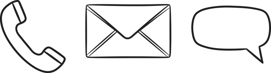 Set of linear, minimalist, black and white icons for communication, including phone, mail, and message symbols in vector illustration