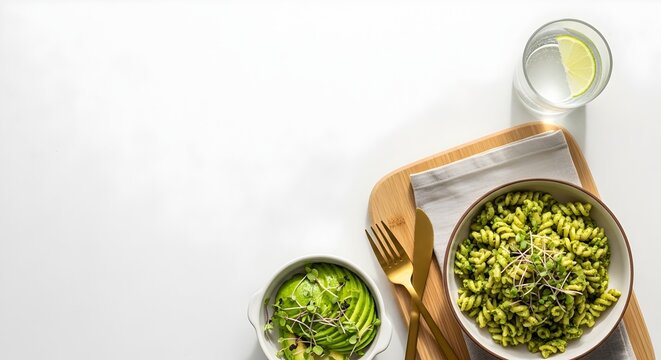 Fresh and healthy vegan meal flat lay with avocado pasta salad and water on white surface