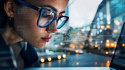 Focused programmer analyzing code with reflection on glasses, innovative technology - Powered by Adobe