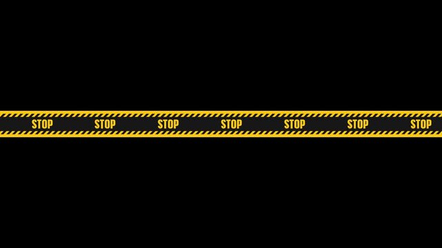 Animated yellow and black stop tape barrier on transparent background. Looping caution ribbon for warning scenes, police line, security area, restricted zone, danger sign, safety border animation clip