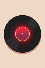 A 3D illustrated vinyl record with a soft hand drawn texture, featuring subtle rough shading and sketch details. It includes a warm gradient label in deep red and burgundy, neon lights, and a slight t