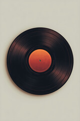 Obraz premium A 3D illustrated vinyl record with a soft hand drawn texture, featuring subtle rough shading and sketch details. It includes a warm gradient label in deep red and burgundy, neon lights, and a slight t