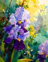 Watercolor Irises Garden  