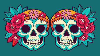 Vibrant day of the dead sugar skulls adorned with colorful flowers and lush green leaves create a festive and celebratory cultural art piece