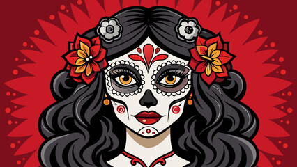 Vibrant sugar skull woman with flowers and intricate face paint for day of the dead celebration