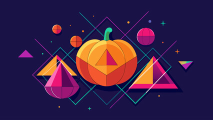 Vibrant geometric halloween pumpkin design with abstract shapes and lines on a dark purple background