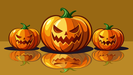 Three menacing jack o lanterns with carved spooky faces and reflections on a warm brown background creating a festive halloween atmosphere