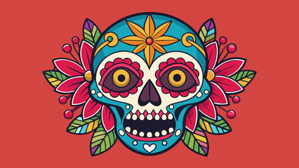 Vibrant day of the dead sugar skull illustration with floral accents and festive colors on a red background