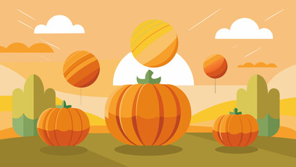 Stylized autumn landscape featuring three vibrant orange pumpkins amidst abstract trees and clouds under a warm sunset sky
