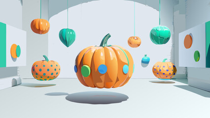Whimsical floating pumpkins with colorful polka dots suspended in a modern art gallery space