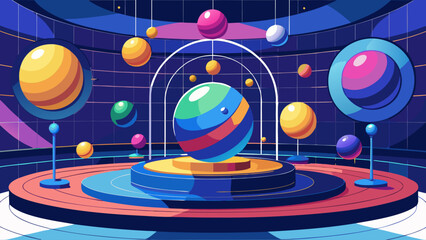 Vibrant abstract spheres displayed in a futuristic geometric exhibition hall with colorful lighting