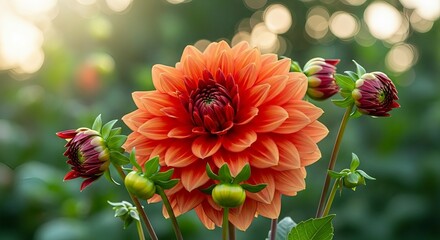 Vibrant orange dahlia flower blooming in soft golden sunlight