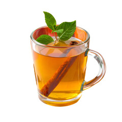 Warm amber beverage with cinnamon stick, mint leaves