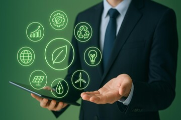 Businessman's Hand Holding Tablet with Green Sustainable Investment Icons