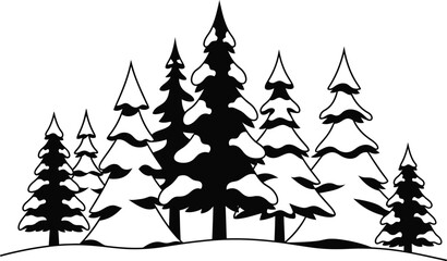 Obraz premium Silhouette banner design featuring a row of dark pine trees and snowy evergreens in a simple winter forest landscape
