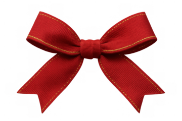 Red grosgrain ribbon bow with yellow stitched edges on a transparent background, symbolizing gifts and celebration