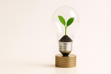 Innovative Sustainable Investment Concept with Leaf Growing Inside Lightbulb on Coins