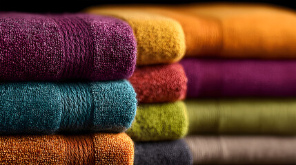 Colorful stacked towels showcasing texture and warmth in a cozy setting