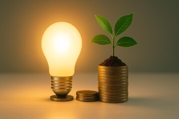 Sustainable Investment Concept: Green Growth with Light Bulb and Plant on Coins