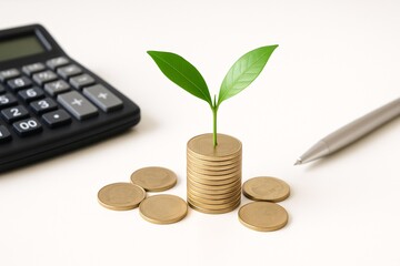 Sustainable Investment Concept with Growing Plant on Stack of Coins and Calculator