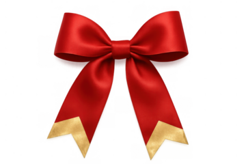 Red bow with gold ribbon ends, satin texture, symbolizing gift wrapping, celebration, and holiday design