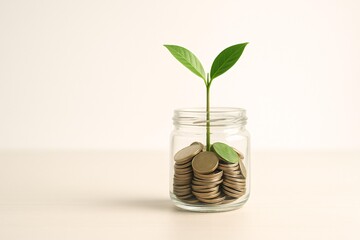 Sustainable Investment Growth: Coins and Plant in a Jar Symbolizing Eco-Friendly Finance