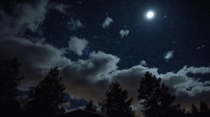 Night sky full of stars and bright moon shines over clouds and hills, creating peaceful night landscape.