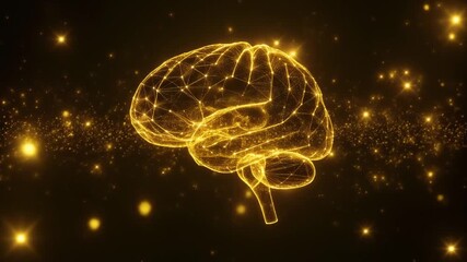 Futuristic Digital Brain Made of Glowing Lines and Dots Rotating in a Dark Tech Environment - Powered by Adobe