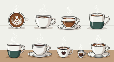 Obraz premium Seamless horizontal pattern of cozy hot coffee and tea mugs with steam and simple modern line art design