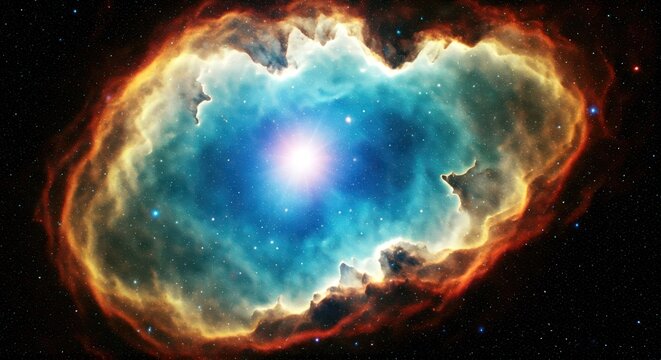 A celestial nebula, glowing with vibrant colors and a bright star in the center