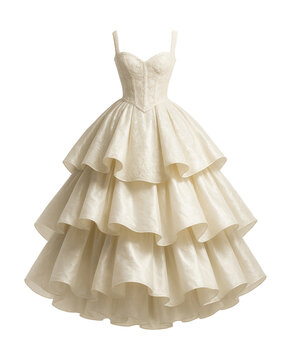 Corset bodice ball gown with layered taffeta skirt.