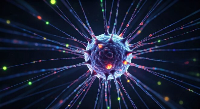 A close-up, abstract, 3D render of a neuron with radiating, colorful connections
