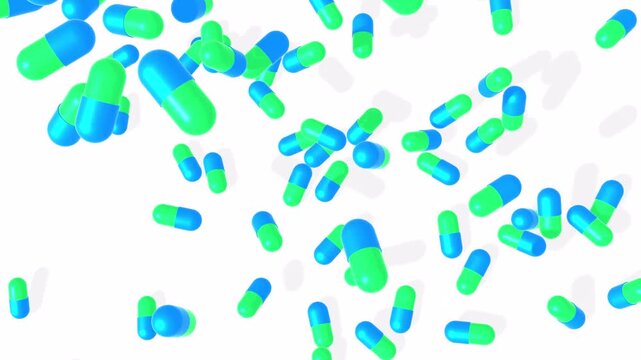 Medical pills falling on the floor. Pills and drugs tablets. Pharmaceutical Industry. Medicine concept. Health care. Available in FullHD and 4K video