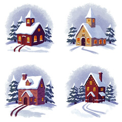 Naklejka premium Four winter scenes featuring snow-covered houses and churches surrounded by pine trees.