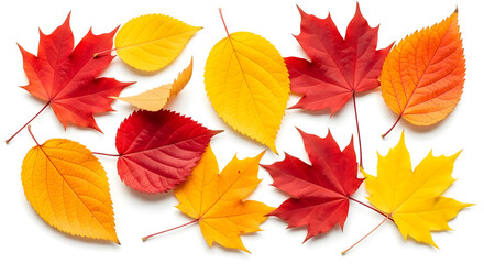 Vibrant and Diverse Autumn Leaves in Various Shapes and Sizes for Captivating Seasonal Designs and Nature-inspred Themes, isolated on a white background.